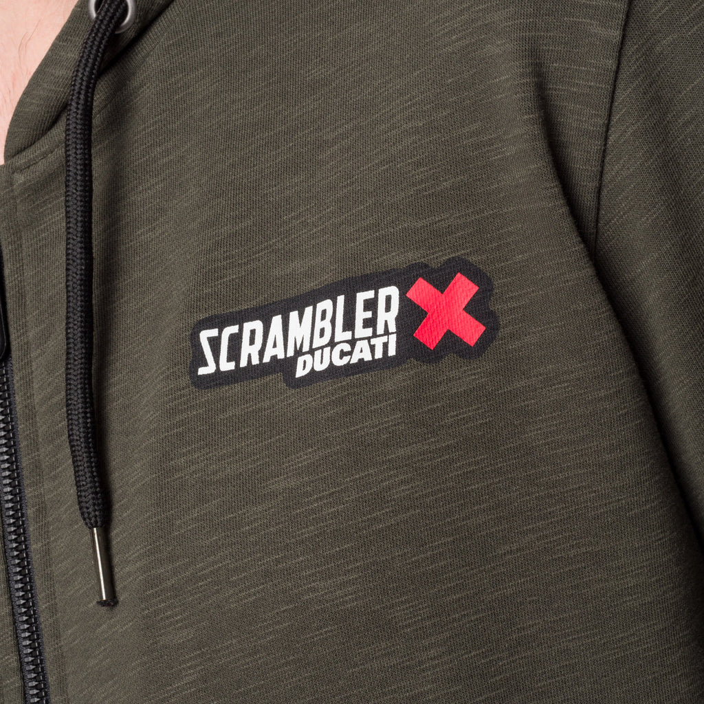 Felpa con cappuccio e zip verde da uomo con logo sul petto Scrambler Ducati