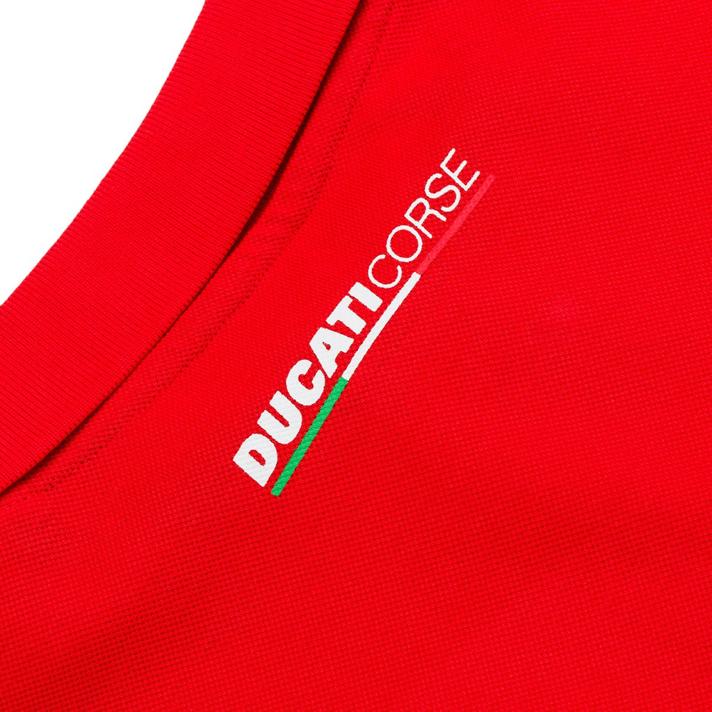 Polo rossa, bianca e nera con badge Ducati Corse Ally