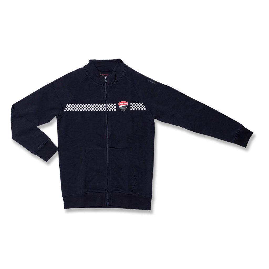 Felpa blu navy con zip da bambino con bandiera a scacchi e badge Ducati Corse