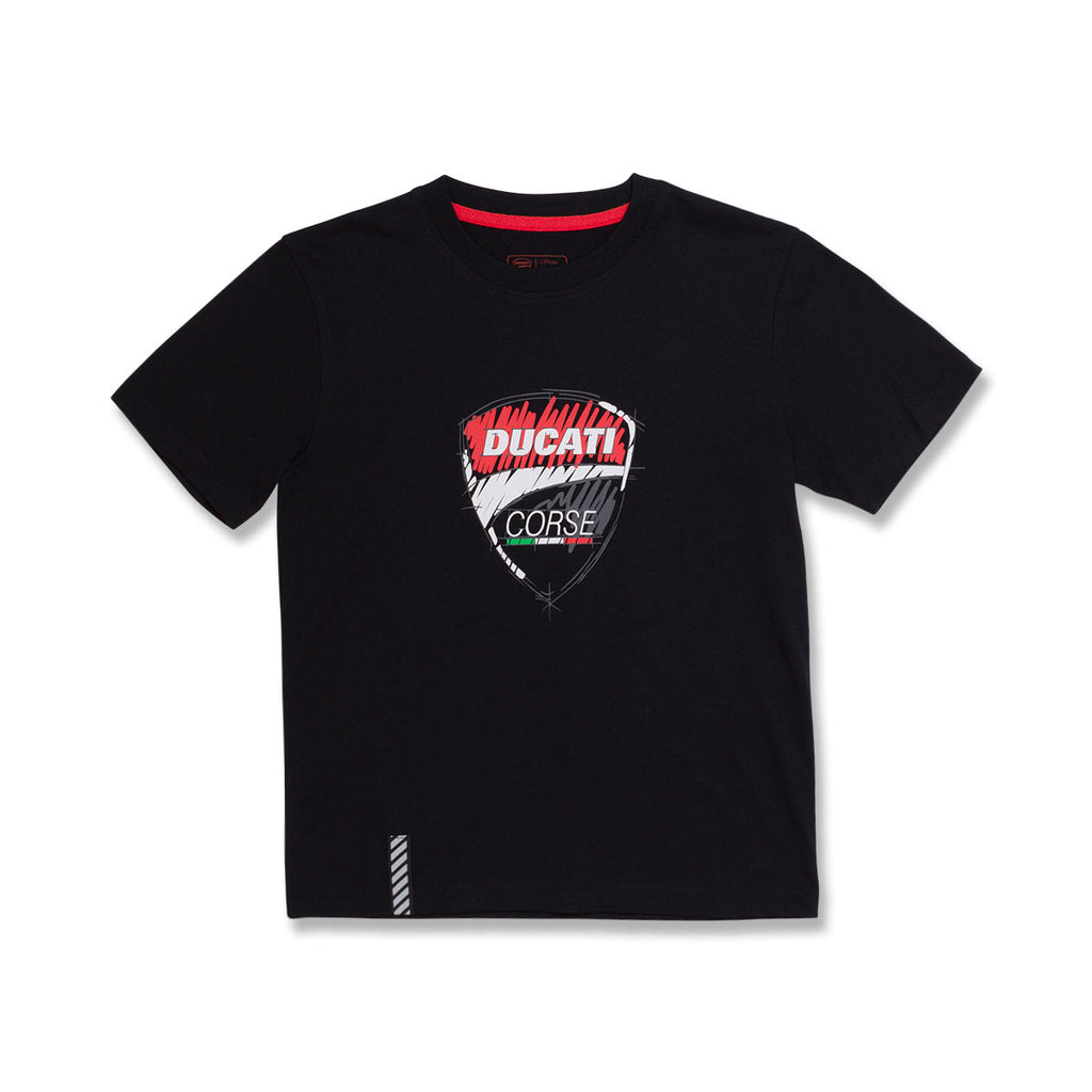 T-shirt nera da bambino con badge sul petto Ducati Corse Chalk