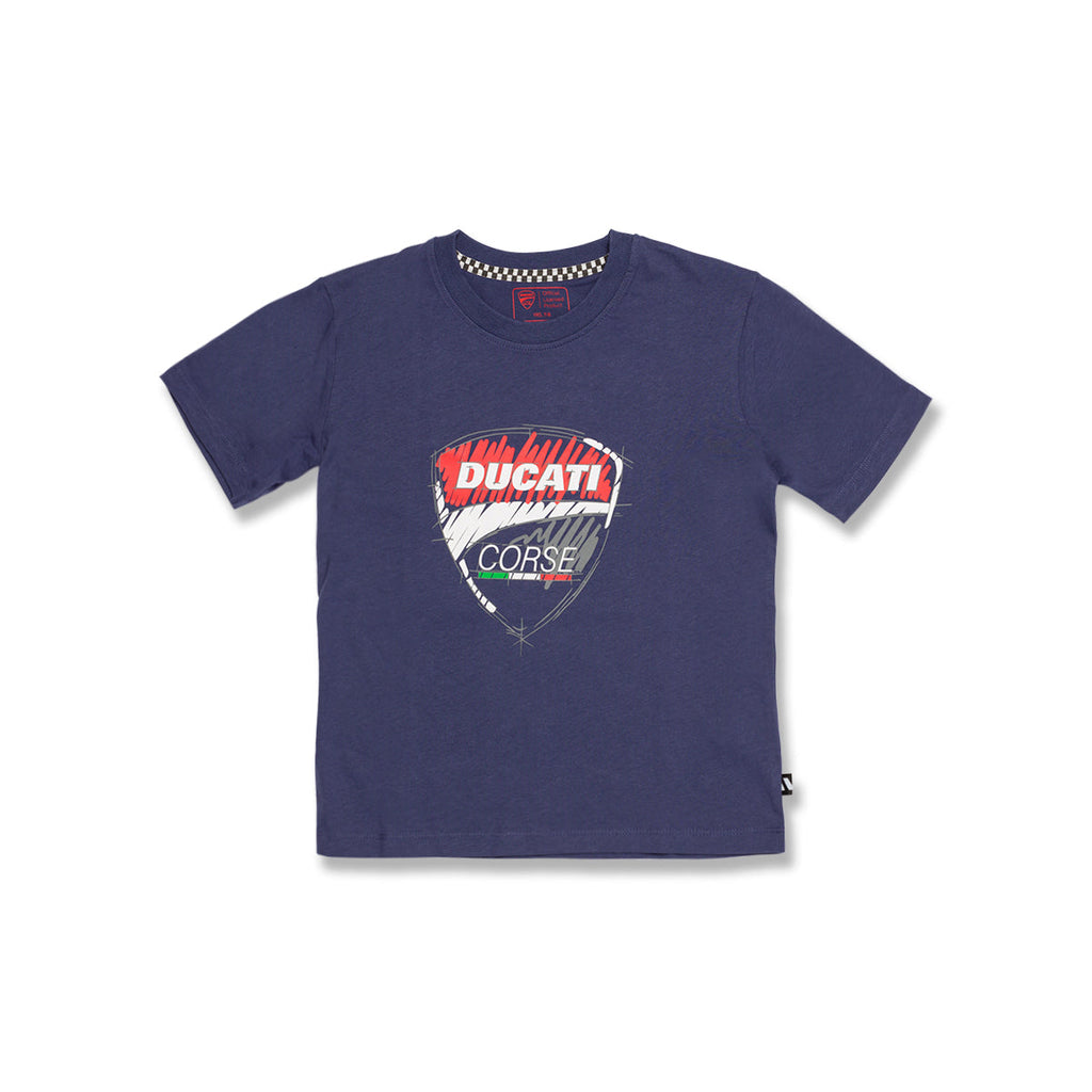 T-shirt blu da bambino con badge sul petto Ducati Corse Chalk