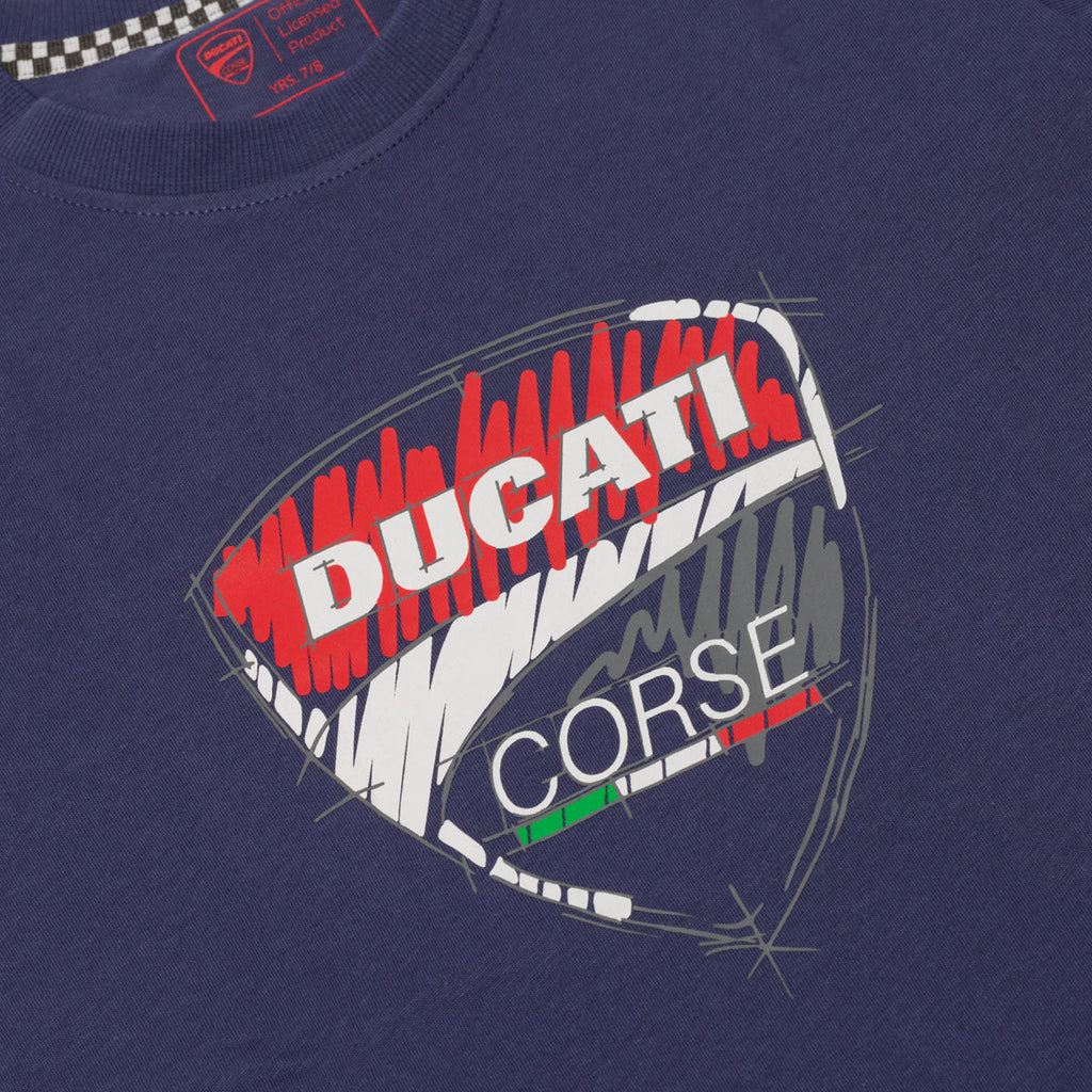 T-shirt blu da bambino con badge sul petto Ducati Corse Chalk