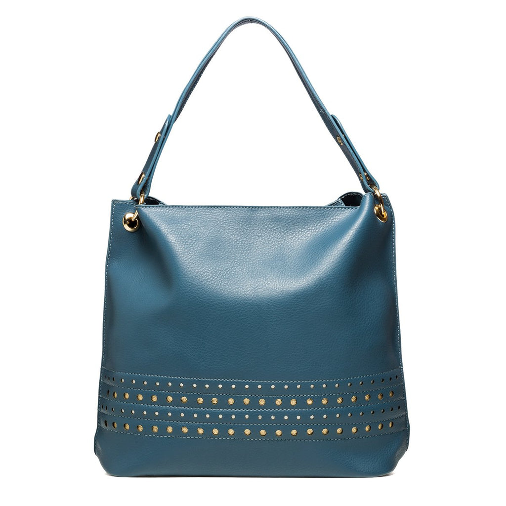 Borsa a spalla blu con borchie oro Le Najadi