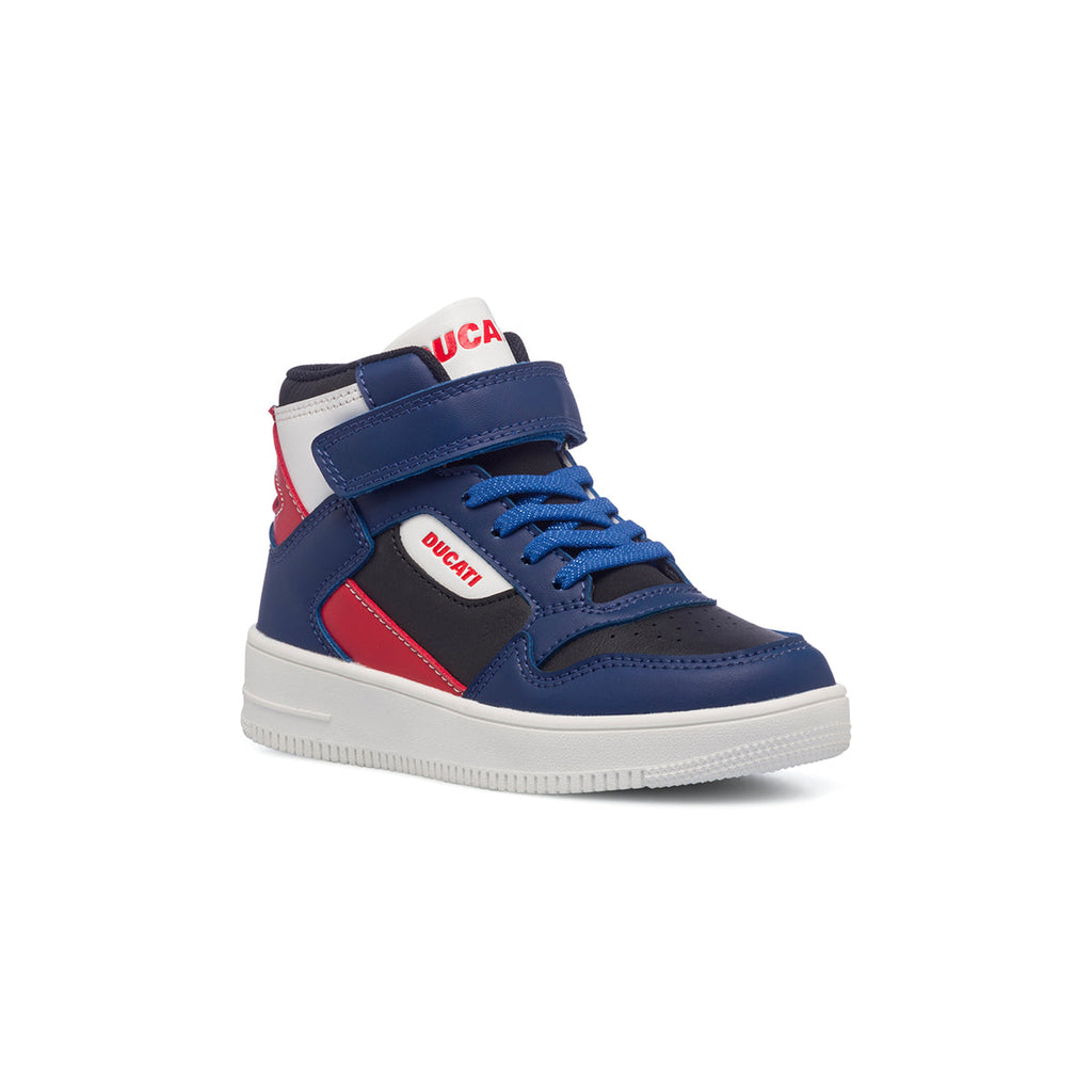 Sneakers alte nere, rosse e blu da bambino con logo laterale Ducati