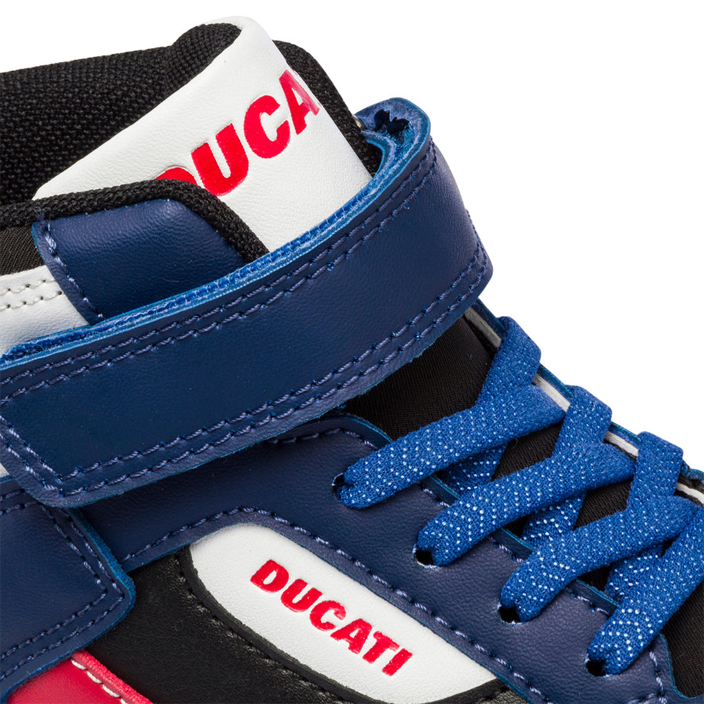 Sneakers alte nere, rosse e blu da bambino con logo laterale Ducati