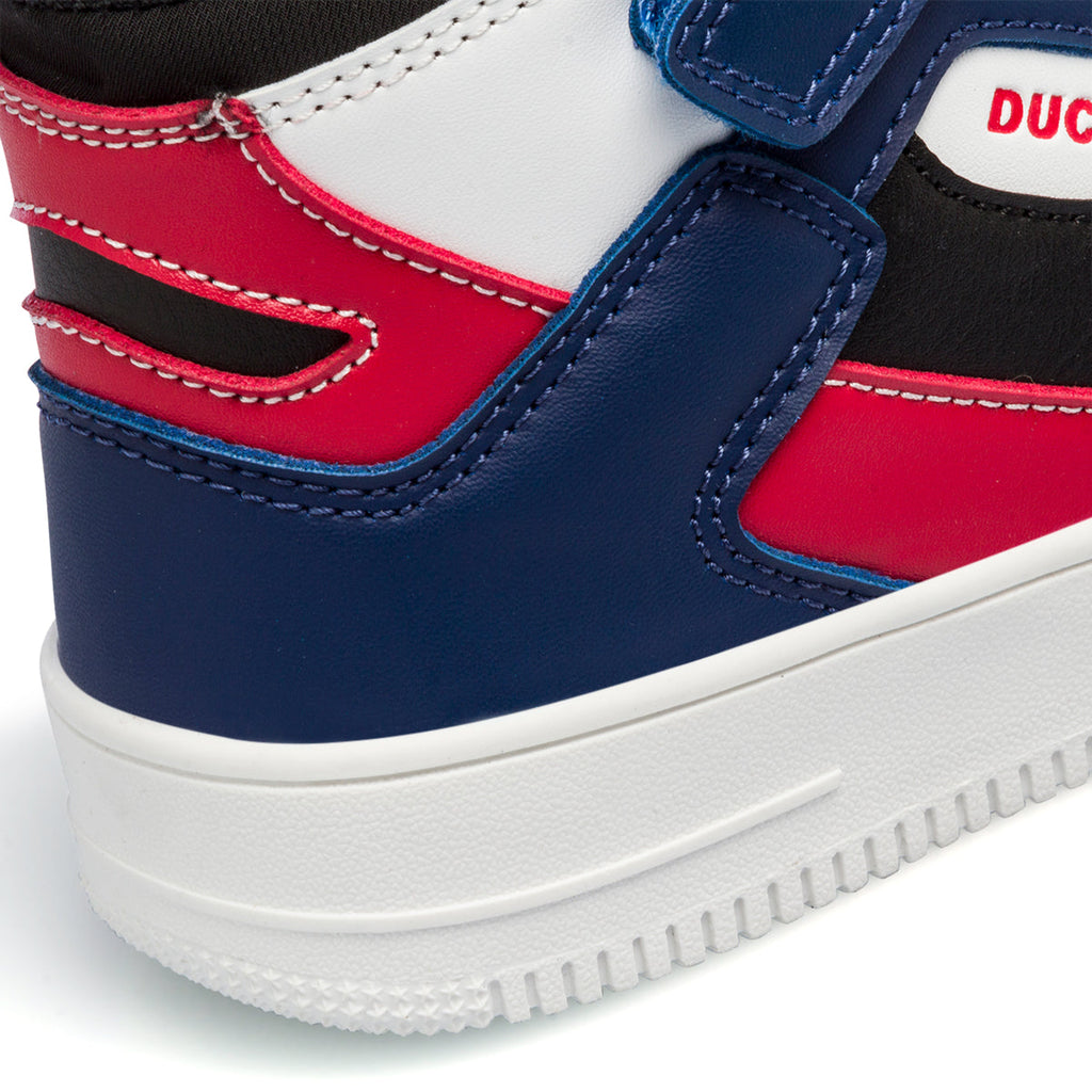 Sneakers alte nere, rosse e blu da bambino con logo laterale Ducati