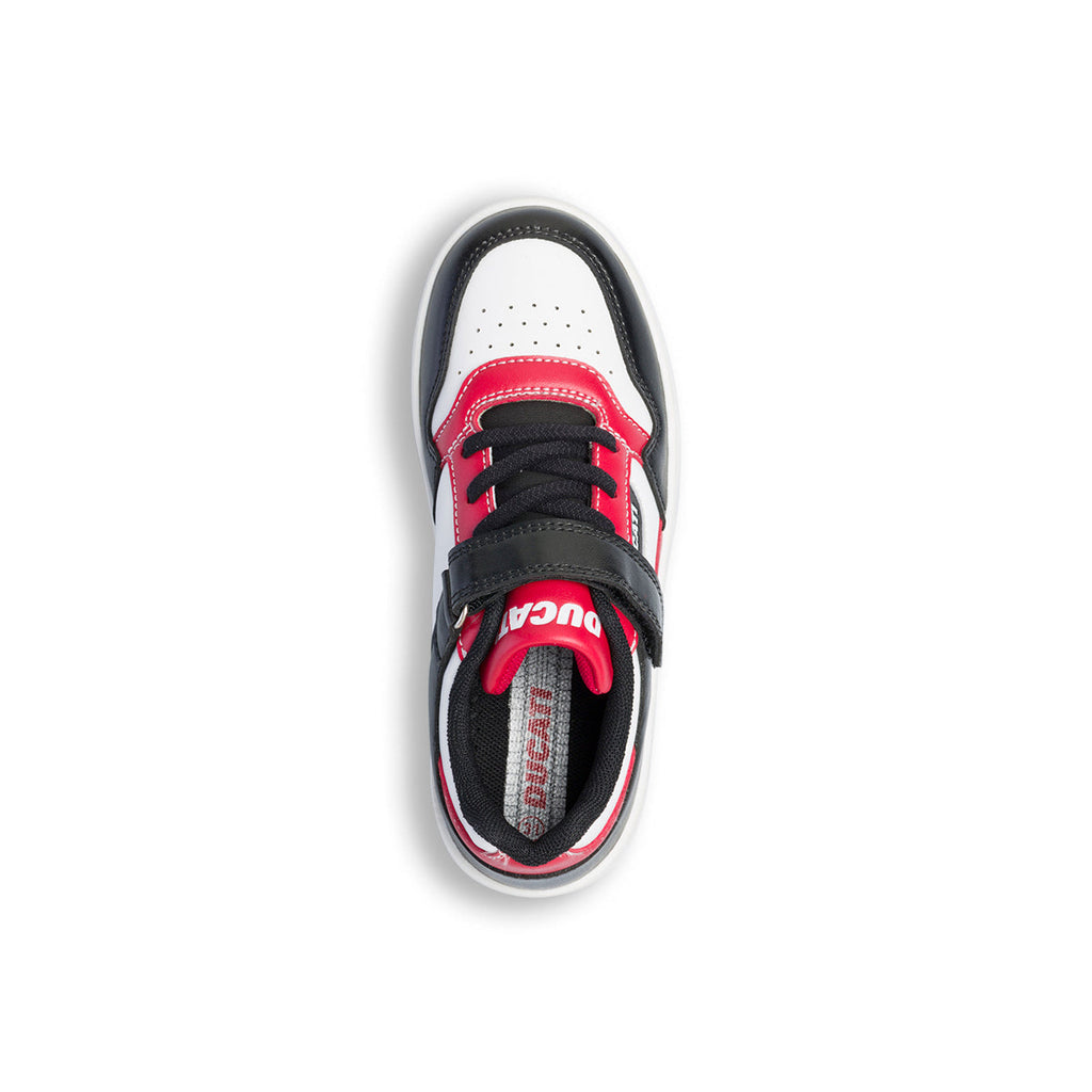 Sneakers bianche, rosse e nere da bambino con logo laterale Ducati