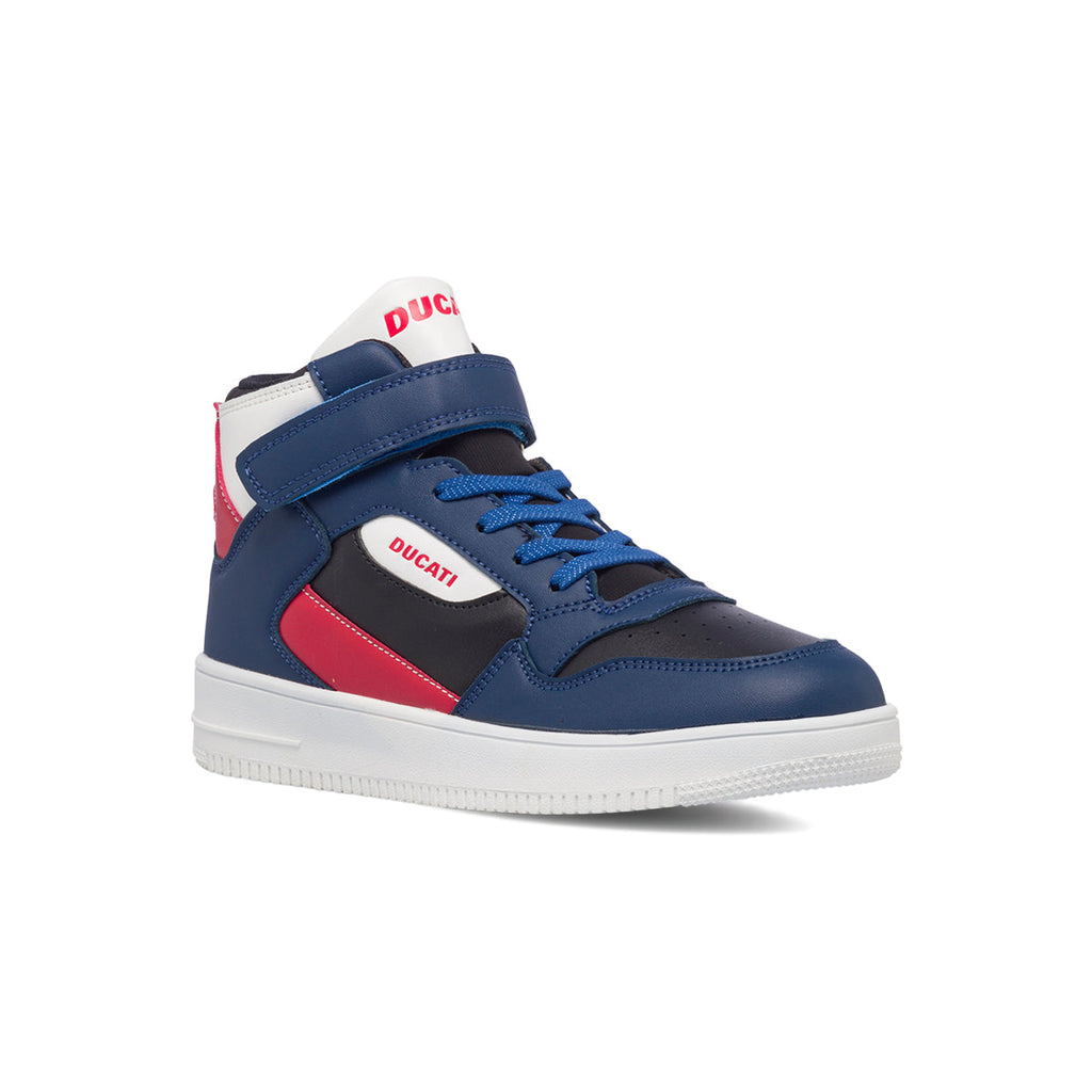 Sneakers alte blu e nere da bambino con logo laterale Ducati