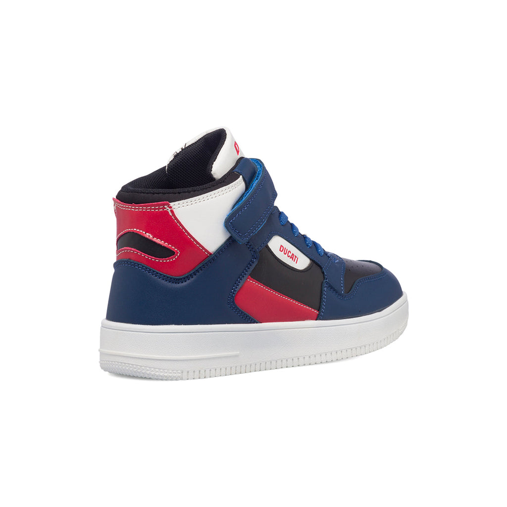 Sneakers alte blu e nere da bambino con logo laterale Ducati