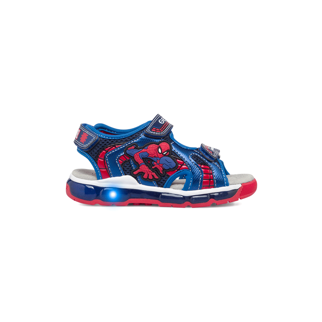 Sandali primi passi blu da bambino con luci nella suola e stampa Spiderman Geox Android