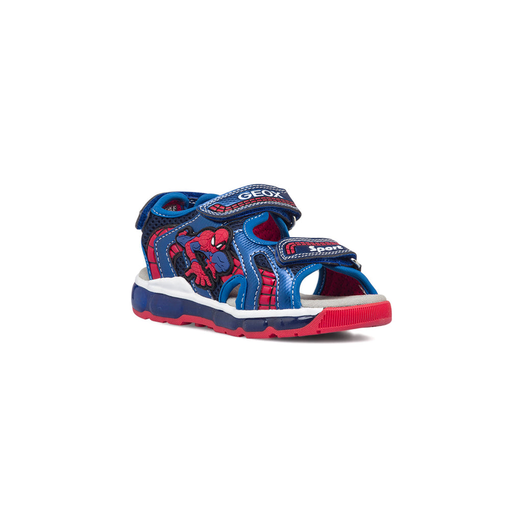 Sandali primi passi blu da bambino con luci nella suola e stampa Spiderman Geox Android