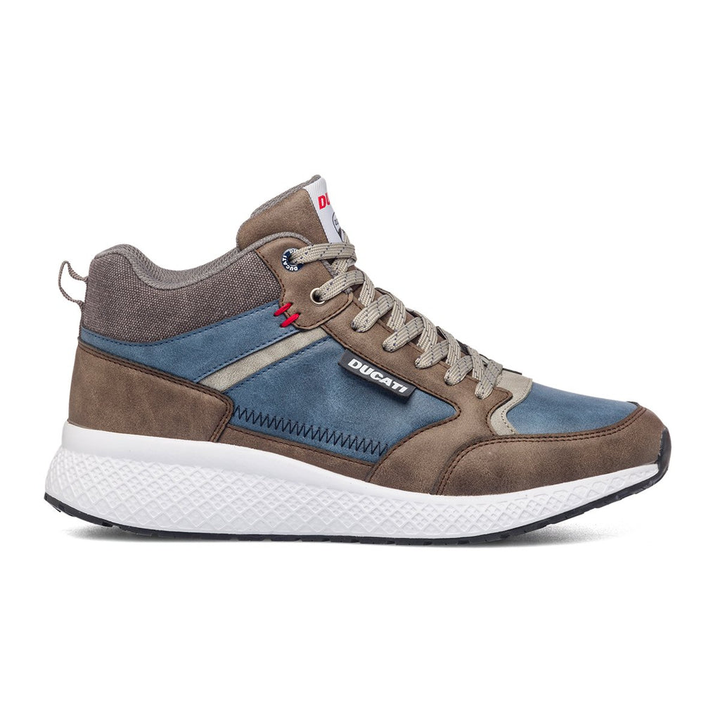 Sneakers alte marroni e blu con patch logo Ducati