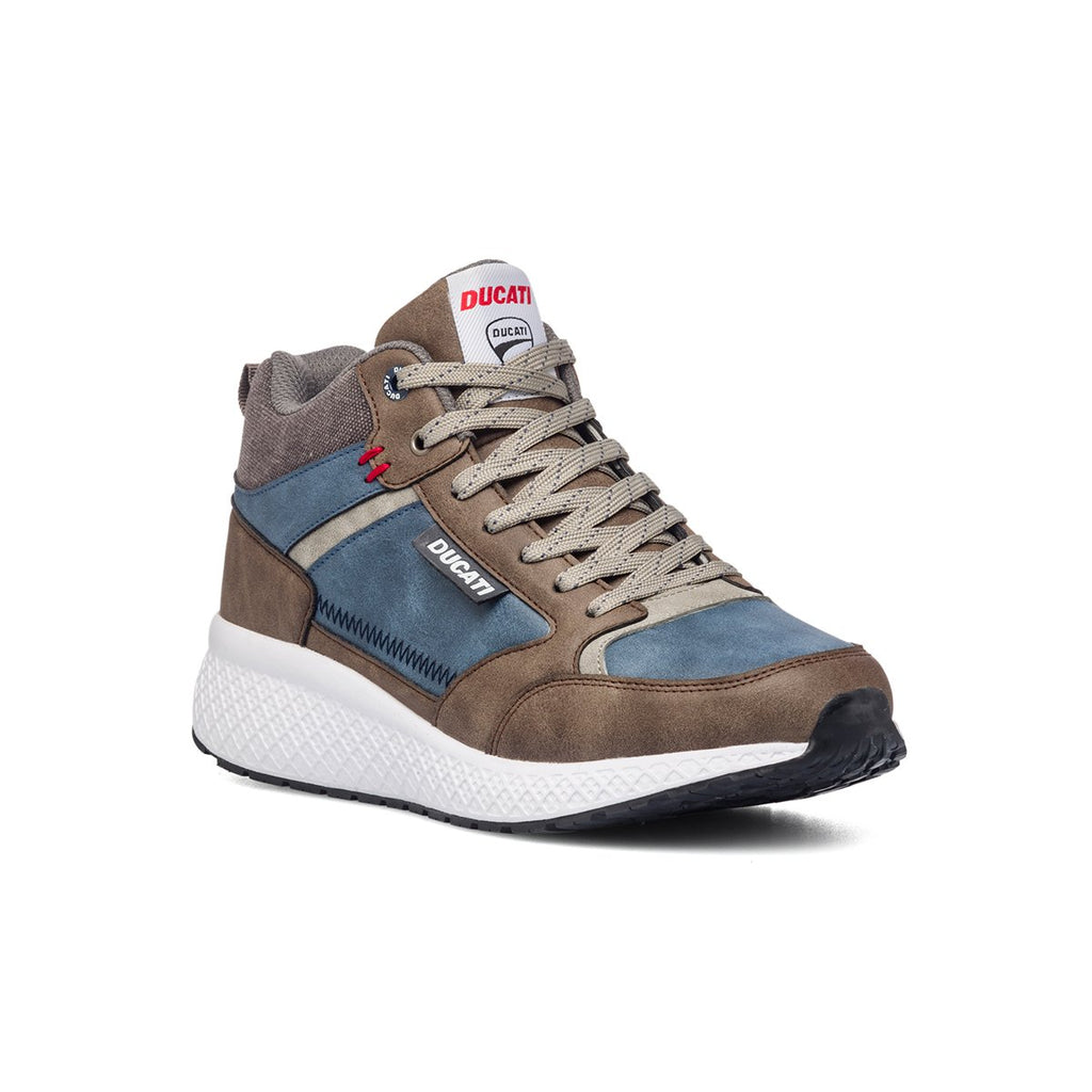 Sneakers alte marroni e blu con patch logo Ducati