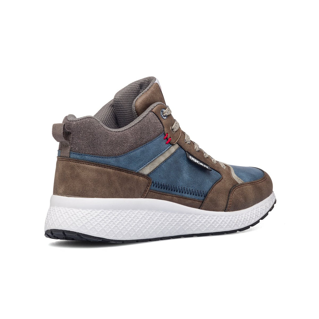 Sneakers alte marroni e blu con patch logo Ducati