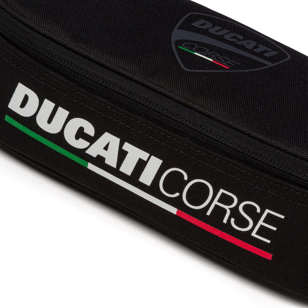 Astuccio ovale nero in tessuto con badge Ducati Corse