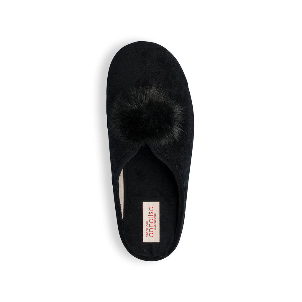 Pantofole da donna nere in tessuto con ponpon Annalisa Grenoble