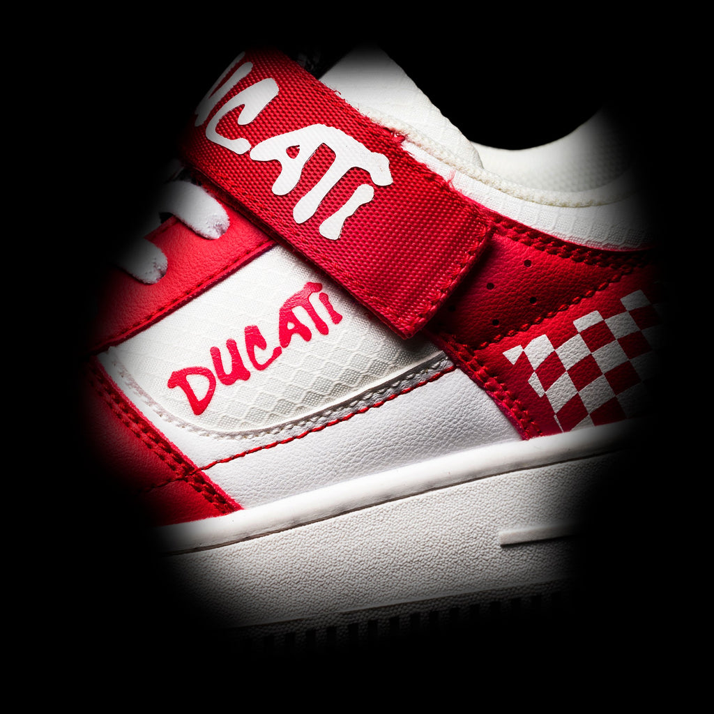 Sneakers rosse e bianche da bambino con bandiera a scacchi Ducati Valencia 3 PS