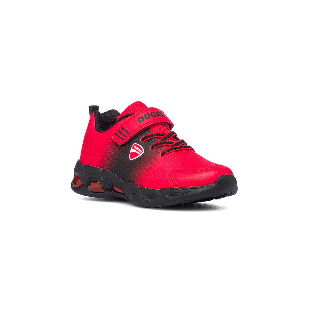 Sneakers rosse e nere con luci sulla suola Ducati