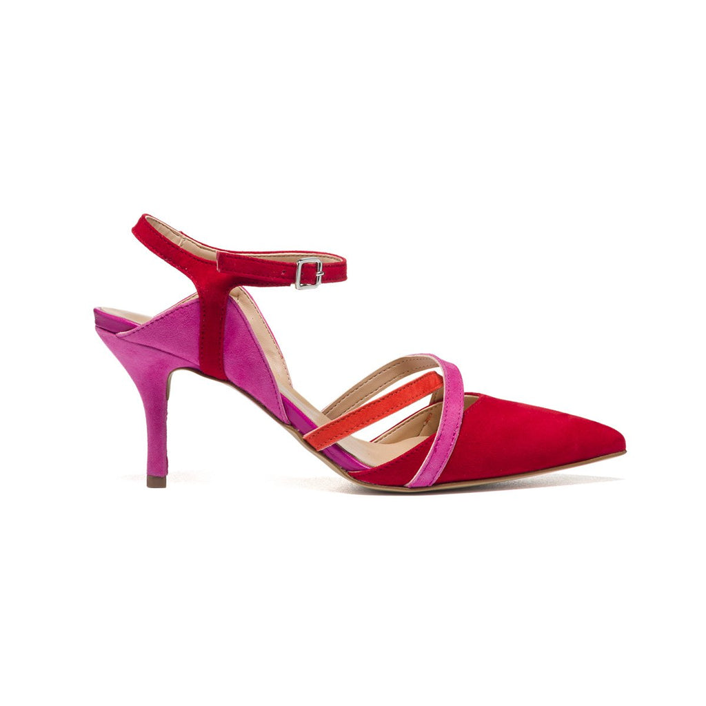 Décolleté slingback rosso e fucsia in pelle Primopiano