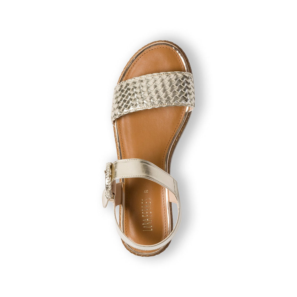 Sandali oro con fascia effetto intrecciato e zeppa 3 cm Lora Ferres