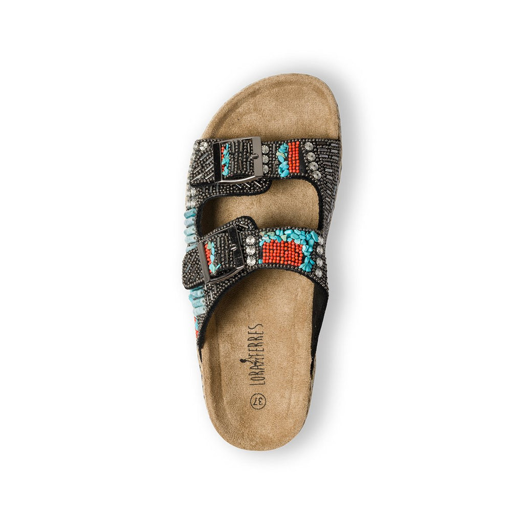 Sandali neri ricoperti con pietre multicolor e zeppa 4 cm Lora Ferres